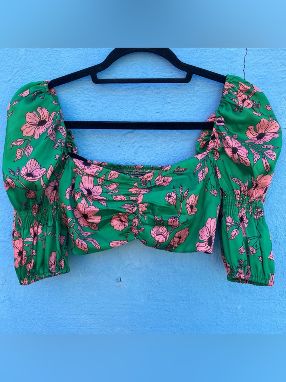 Zara pink and green silk floral crop top off summer fun, XS